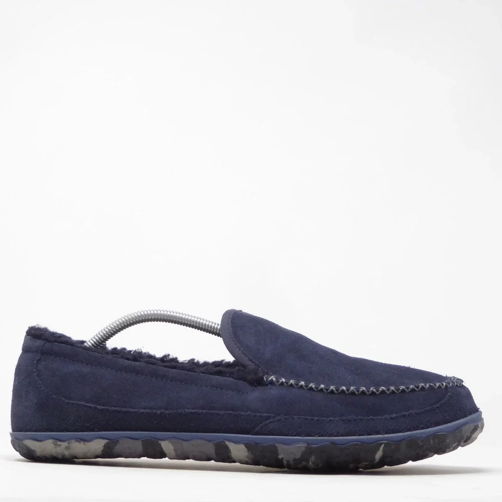 LL Bean Mens Mountain Slippers Navy Suede Fleece Lined Moccasins Size 12